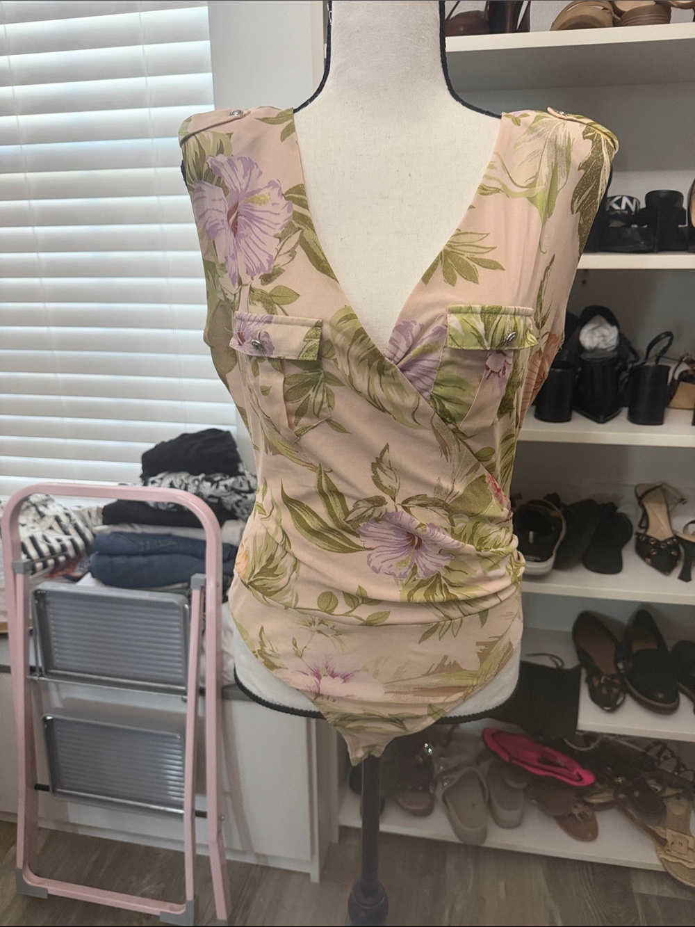 Guess Pink Floral Wrap-Style Sleeveless Bodysuit